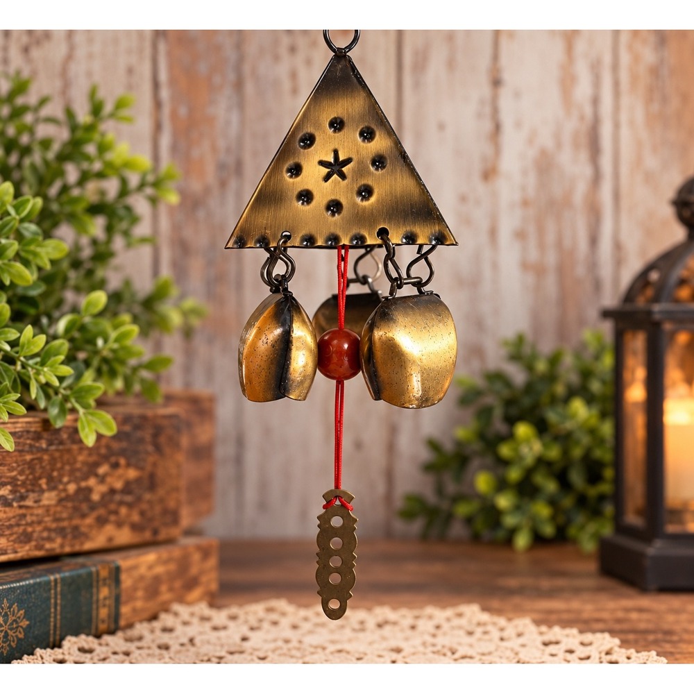 Vintage Brass Cowbell Wind Chime Star Embossed Rustic Boho Garden Porch Decor